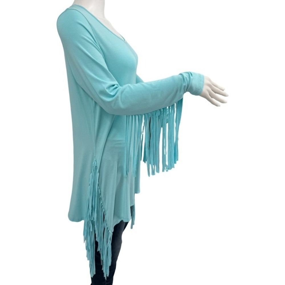 TASHA POLIZZI Collection Medium Turquoise Blue Fringe Tunic Top Country Western